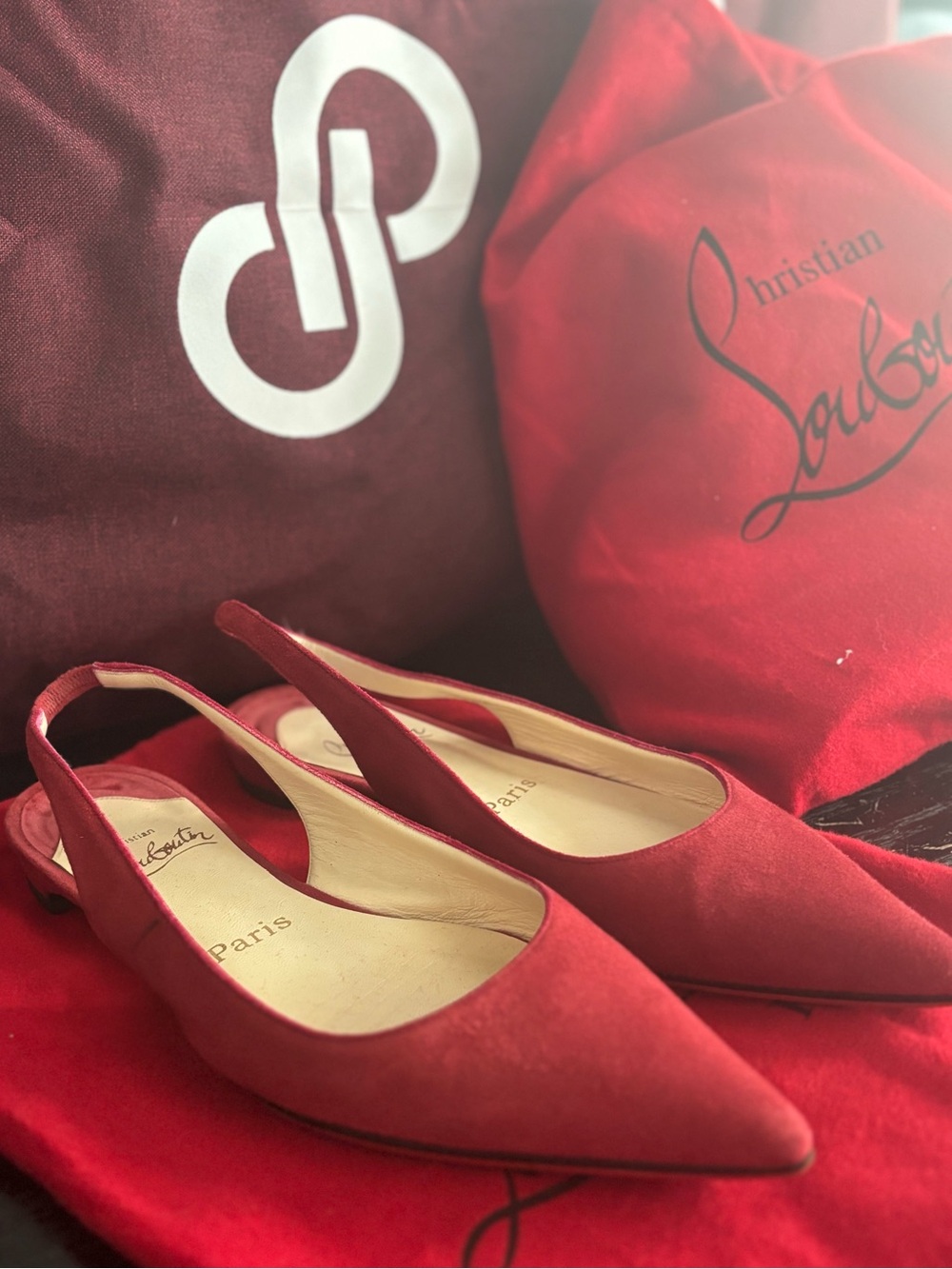 Christian Louboutin Ruby Red Suede Slingback Flats, 36.5 OFFERS CONSIDERED!